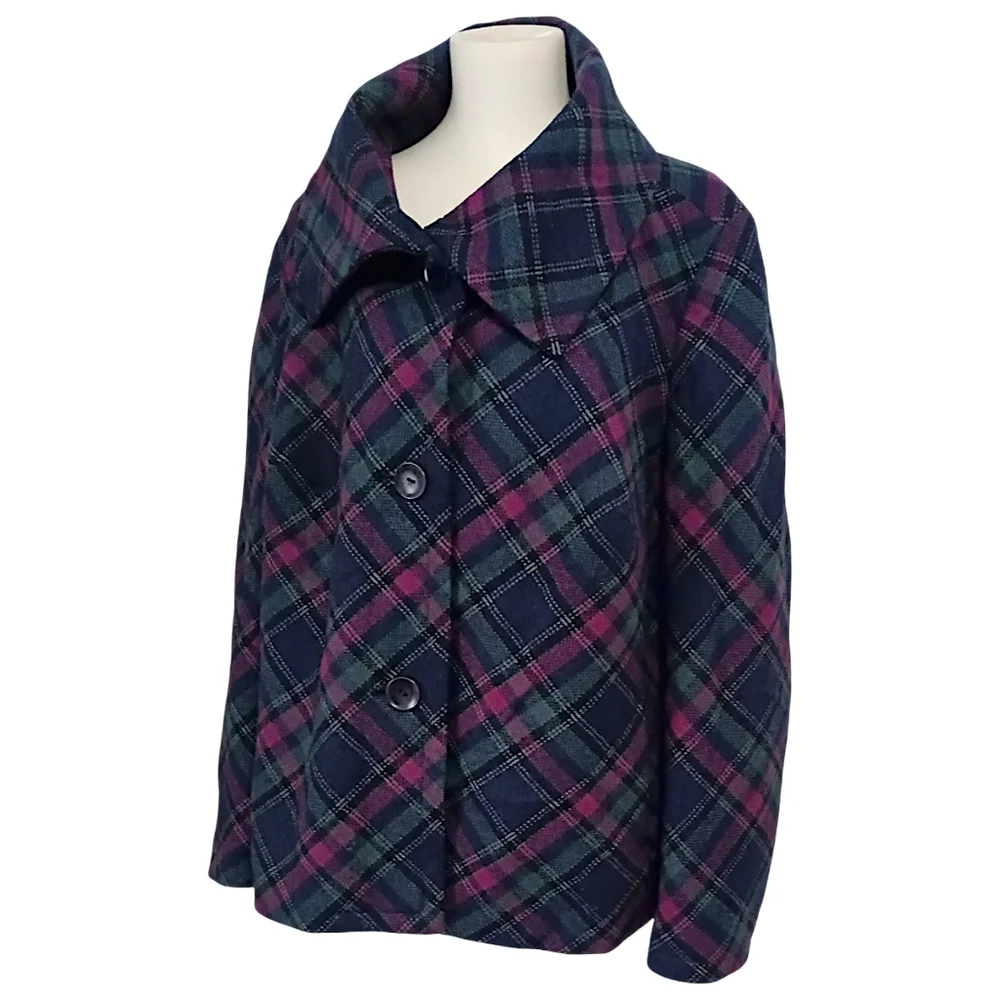 Talbots Plaid Wool Blend Jacket 18W Pea Coat Pocket Swing Lined Oversized Collar - Picture 5 of 16